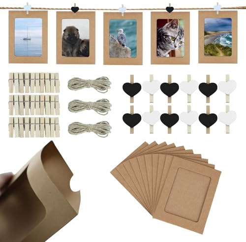 REBECCAHOWARD 30 Pezzi cornici Foto in Carta Kraft con 30 Mini mollette in Legno,Portafoto Parete con Clip Legno Corda Canapa,Cornici Foto Cartoncino Porta,Decorazione Parete,per Casa