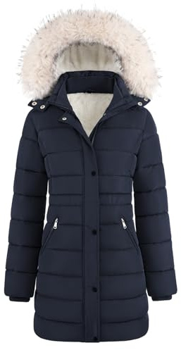 Yuson Girl Abrigos de Mujer para Invierno Chaqueta Largo Cálida Cremallera Acolchada Parka con Capucha Prueba de Viento Jacket Elegante Casual Chaquetón Exteriores con Bolsillo(Azul marino, L)