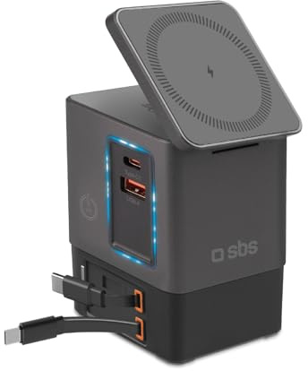 SBS Power Dock 6in1 100W USB-C, Kabelloses Laden 15W, MagSafe-kompatibel, Power Delivery (PD 3.0 PPS), Ladestation mit 2X Einziehbarem Kabel, Netzteil für Notebook, iPhone, AirPods, Schwarz
