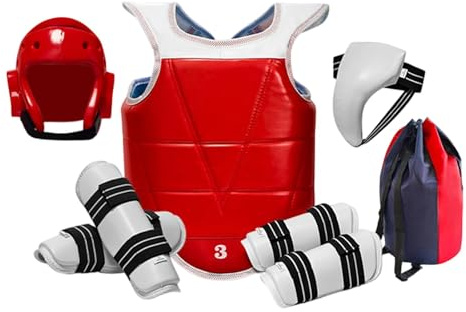 Hellery Équipement de Protection Taekwondo 6 Pièces, Plastron et Casque Renforcés pour Combat et Entraînement, Kit de Sécurité Arts Martiaux avec Sac de Transport, Équipement Professionnel, Rouge, S