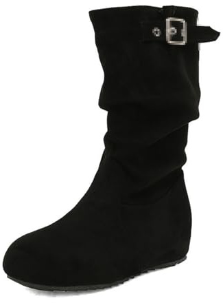 Generico Stivaletti Western Donna in Pelle Scamosciata, con Tacco a Cuneo e Stivale Largo da Indossare per Stile Cowboy Confortevole,Nero,36 EU