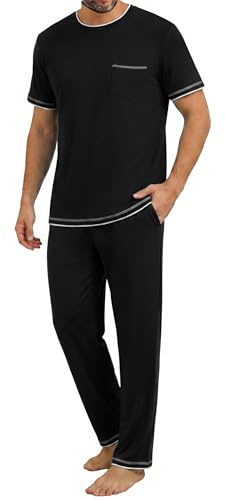 Demegimi Pyjama Homme Coton Léger Ensemble de Nuit Homme T-Shirt Manches Courtes et Pantalon Long Col Rond Pyjama Homme Confortable pour Maison et Sommeil