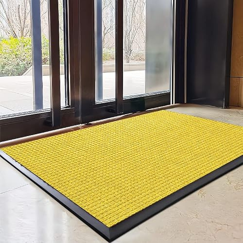 Kommersiell kvalitet slitstark entrématta – gul inomhus/utomhus dörrskrapa matta för hemskolor kaféer och företag – låg profil 90 x 120 cm golvmatta för områden med hög trafik