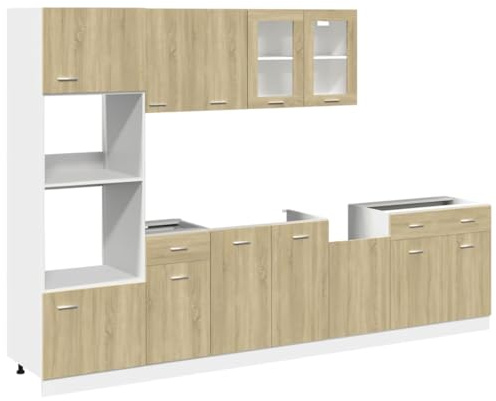 Owoxanthellate Ensemble de 7 armoires de cuisine Lyon en chêne Sonoma – Coin de cuisine moderne en bois avec armoires inférieures, armoires suspendues et armoire à micro-ondes pour beaucoup d'espace