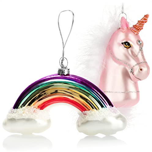 com-four® 2X Premium Christbaumschmuck - Einhorn und Regenbogen aus echtem Glas - besondere Baumkugeln als Weihnachtsdeko - spezielle Weihnachtsbaumanhänger (Einhorn+Regenbogen - 2 Stück)
