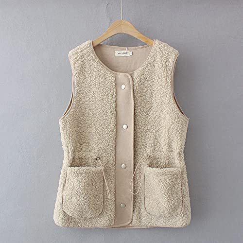 Doudoune Femme Sans Manches,Polaire D'Agneau Weste Damen Veste Sans Manches Beige Col Rond Grande Taille Gilet De Transition Gilet Décontracté Gilet Chaud Femmes Fille Manteau De Fourrure D'Hiver