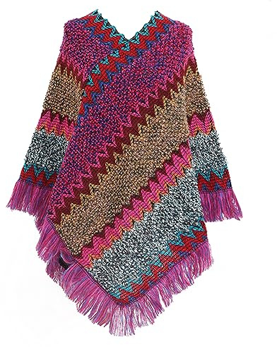 Jdlsppl Poncho para mujer, suéter de punto en zigzag, poncho mexicano para otoño, hippie, suave, con flecos, chal de ganchillo, capa asimétrica