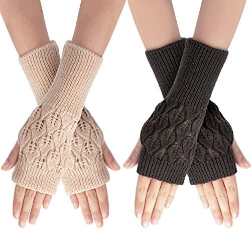 Newellsail 2 Paar Fingerlose Handschuhe Winter Warme Halb Fingerhandschuhe mit Daumenloch Winterhandschuhe Wärmer Strick Kurzer Gestrickte Fingerlose für Damen Mädchen (Beige & Dunkelgrau)