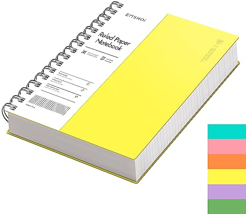 EMSHOI A5 Notebook Lined, Spiral Journal, 300 Pages, PVC Cover, Yellow | 100GSM Paper, Flexible Plastic Cover, Notepad with Sticky Notes, Pocket, Pen Loop, Bookmark Ruler for Writing, 14.5 x 21cm