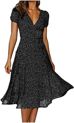 Sommarklänning dam, elegant, blommig klänning, vintage, V-ringad, A-linjeformad klänning, knälång, midiklänning, flickor, ledig kortärmad swing, strandklänning, aftonklänningar, festliga klänningar