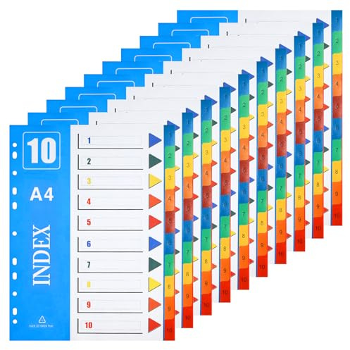 XHDA 1-10 Part A4 Dividers, 10 Pack Multi-Colour 11-Hole Index | PP Plastic Material, 11-Hole Punched, Writable Index Page, Multi-Colour Tabs, for 2, 3, 4 and 11 Ring Binders