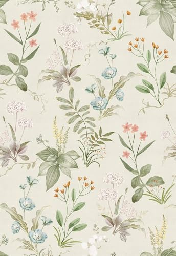 Simon&Siff Vintage Wallpaper Peel and Stick Beige Floral Contact Paper Wildflowers Botanical Wall Paper Removable Renter Friendly Wallpaper 17.3in x 9.8ft
