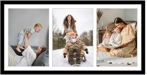 EYMPEU 5x7 Three Opening Picture Frame with Mat or 8x16 Frame without Mat, Black 3 Pciture Frame Collage for 5 x 7 Photo, Horizontal or Vertical Display for Wall, Black 3 Opening 1 Pack