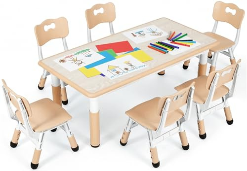 MAMIZO Tavolo Bambini con 6 Sedie, Tavolo e Sedie Bambini Regolabile in Altezza, Set per l'asilo e la Cameretta dei Bambini, in Plastica, Bambina dai 2 anni, Giallo