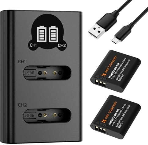 K&F CONCEPT 2er-Pack Ricoh DB-110 Akku 1100mAh mit Dual Slot LCD Ladegerät, Kompatibel mit Ricoh GR III, GR IIIx, Theta X, WG-6, G900 II, G900SE II, kompatibel mit Olympus TG7/6/5/4/Li-90B/Li-92B