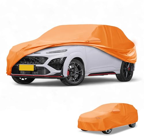 Partuto Copertura Auto Impermeabile Automotive Esterna Anti-UV Sole e dalla Pioggia Copertura Completa per Hyundai Kona Film in Alluminio Cotone Arancione con Strisce Riflettenti