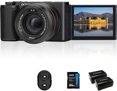 5K Digital Camera Mirrorless Camera for Photography, 64MP 12X Optical Zoom Compact Digital Cameras with Auto Focus, 270° Flip Screen, 64GB Card (Black)