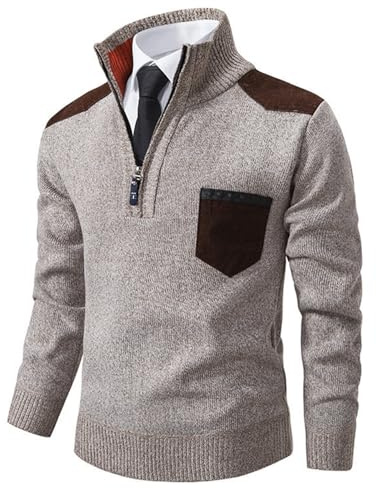 JENJON Homme Pull Tricoté Col Montant Grosse Maille Couleur Contrastée Pullover à Manches Longues avec Fermeture Éclair Épais Automne Hiver
