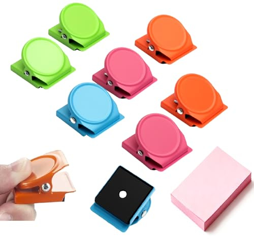 WOKICOR 8 Piezas Clips metálicos magnéticos de Multicolores, para Frigorífico, Pizarra y Accesorios de Oficina, Clip Magnético Antirayaduras con Bloc de Notas Incluido