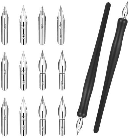 Piriuuo 14 stycken kalligrafipennset, fjäderhållare, trä med 2 svarta fjäderhållare, 12 fjädrar, serietidning, pennspetsar, set, kalligrafipennor, kalligrafi, pennset för att skriva, måla