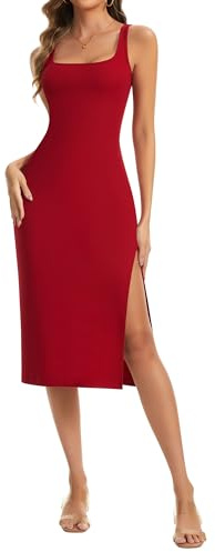 SHAPERIN Slit Midi Dress Women Square Neck Bodycon Dresses Long Tank Dress | Summer Pencil Short Dress Sleeveless Side Split Midi Dresses for Party Club Cocktail Going Out Holiday