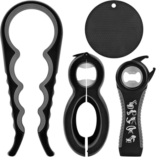 4 Pezzi Apribarattoli Multifunzione 4-in-1 e 5-in-1, Apribottiglie e Apriscatole Universale in Gomma per Birra e Conserve, Utensili Manuali da Cucina per Anziani, Donne, Artrite, per Ristorante e Bar