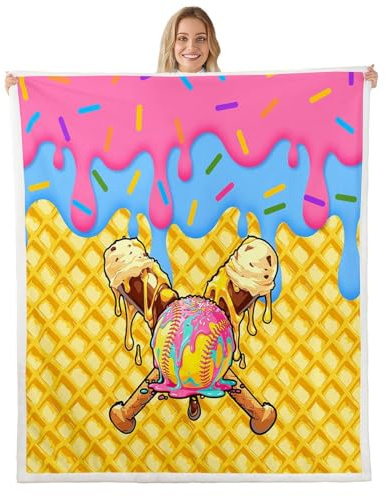 Loussiesd Manta de forro polar de béisbol, color rosa, azul, helado, goteo, salpicaduras, manta Sherpa para niños, felpa mullida, rosa, murciélago, doble, 60 x 79 pulgadas, para cama, sofá, silla