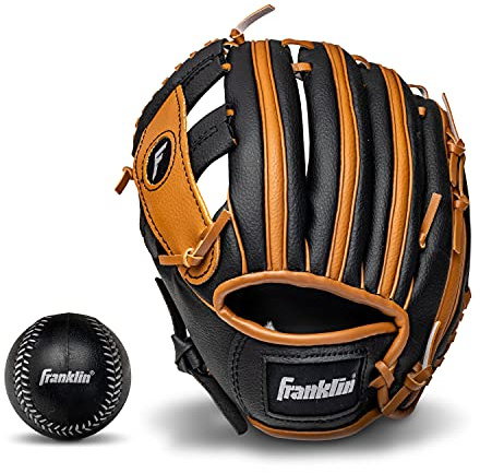 Franklin Sports Guantes de béisbol para niños – RTP Youth Teeball Guante + Juego de Pelota para niños y niñas, Guante para Mano Izquierda, 9.5 Pulgadas, Color marrón