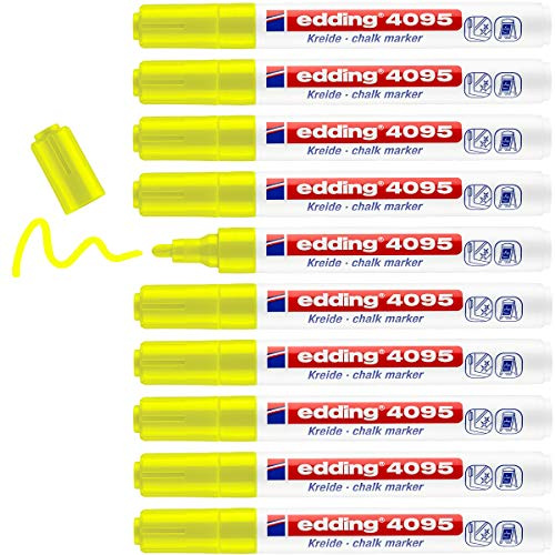 edding 4095 kritmarkör – neongul – 10 kritpennor – rund spets 2–3 mm – kritpenna för tavla kan torkas av – för märkning av fönster, glas, spegel – bordspenna med ogenomskinliga färger