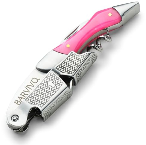 Barvivo Wine Opener with Foil Cutter and Cap Remover - Double Hinged Corkscrew for Bartenders - Stainless Steel Wine Key for Easy Bottle Opening - Manual Wine Bottle Opener - Pink Resin, 4.7x1.2-Inch