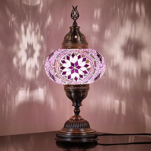 DEMMEX Lámpara de mesa de mosaico turco marroquí de 7 pulgadas, pantalla de cristal Tiffany hecha a mano, lámpara de mesita de noche colorida, decoración exótica para salón, dormitorio, oficina,