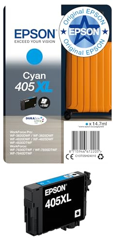 Epson 405XL Cyan Suitcase High Yield Genuine, DURABrite Ultra Ink