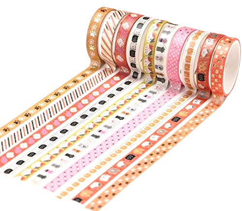 YUBX Skinny Gold Washi tejpset folie dekorativ tejp för gör-det-själv-hantverk, punktjournaler, planerare, scrapbooking, inslagning (katttema)