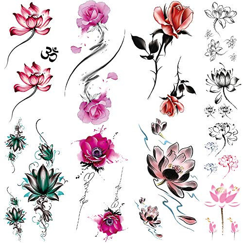 Yesallwas,10 fogli Tatuaggi Temporanei Fiore di Loto da Donna, Adesivo per Tatuaggi Finti per Ragazze e Adolescenti, Impermeabile e di Lunga Durata, Sexy