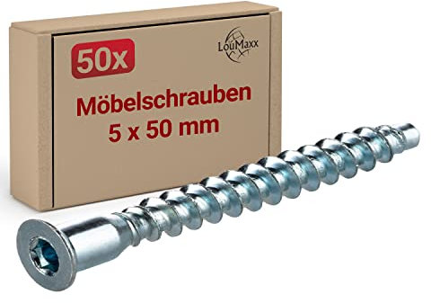 LouMaxx Tornillo de conexión 5 x 50 mm, juego de 50 tornillos de acero galvanizado, hexágono interior Confirmat, tornillos para muebles con cabeza