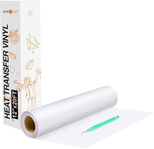 HTVRONT White Heat Transfer Vinyl Roll 12 x20ft HTV Vinyl for T-Shirts | 30.5x610cm, easy cut & weed, compatible with all cutter machines, iron on vinyl for heat transfer clothing designs