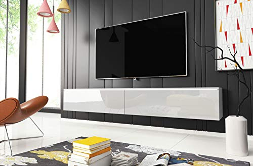 Mobile TV Lowboard D 180 cm, supporto TV sospeso, bianco, cemento (con illuminazione a LED)