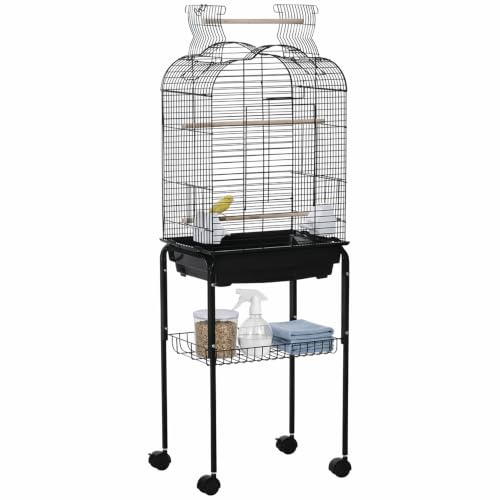 PawHut Cage à Oiseaux volière pour Oiseaux sur roulettes avec Toit ouvrant 3 perchoirs étagère inférieure 46 x 36 x 130 cm Noir
