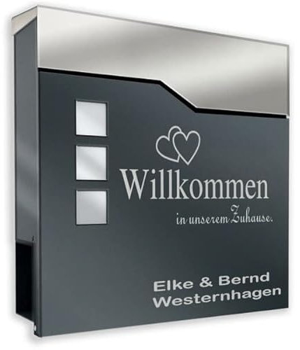 Edelstahl Briefkasten in anthrazit mit Beschriftung - Briefkasten aus pulverbeschichtetem Stahl mit Zeitungsrolle, Briefschlitz und Sichtfeldern