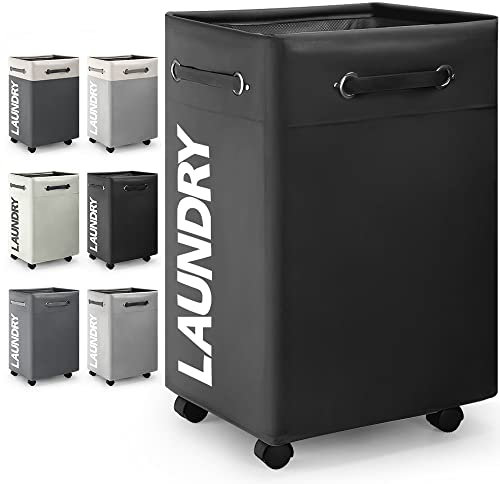 Rieeyrslza Bac à Linge avec Roues 65L Pliant Corbeilles à Linge Tissu Oxford Grand Panier à Linge Trieur de Blanchisserie avec Poignées, Stockage de Couvertures Vêtements Oreillers (Noir)