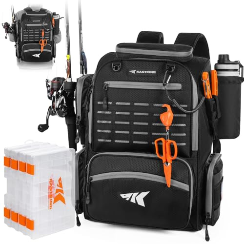 KastKing Bait Boss Fishing Tackle Backpack with Rod Holders-4 Tackle Boxes-Rain Cover,43L Large Storage for Fishing Gear, Black