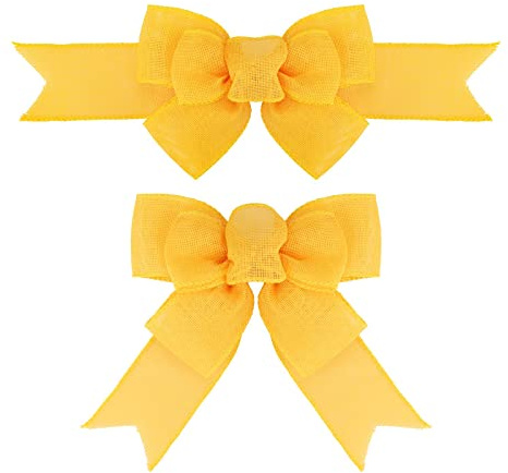 Meseey 2 Pcs Yellow Wired Ribbon Handmade Premade Burlap Bows for Wreaths Tree Decorations Gift Wrapping Outdoor Decoration (Yellow)
