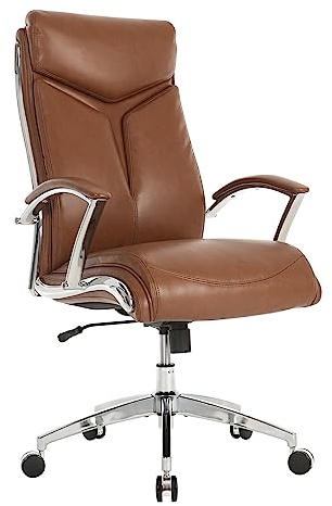 Realspace® Modern Comfort Verismo Bonded Leather High-Back Executive Office Chair, Brown/Chrome, BIFMA Compliant