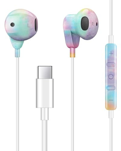 Vunake Écouteurs USB C pour Samsung S24 A53 A33 A54 A34 S21,Écouteurs Intra Auriculaires Ecouteur USB Type C Oreillettes Filaires Anti-Bruit Casque avec Micro pour Mi 12T Pixel 6a 7a,Coloré