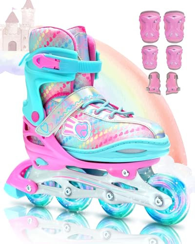 Inliner für Kinder 34-41 Verstellbar, Sportneer Inline Skates Mit 6er Protektoren Setfür Kinder Mädchen Damen, 8 LED inliner Kinder Regenbogenserie