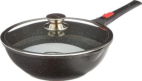 KAMBERG - Wok 28 cm - Manche Amovible - Fonte d'Aluminium - Revêtement pierre - Couvercle en Verre - Tous Feux dont Induction - Sans PFOA - 0008056, Noir