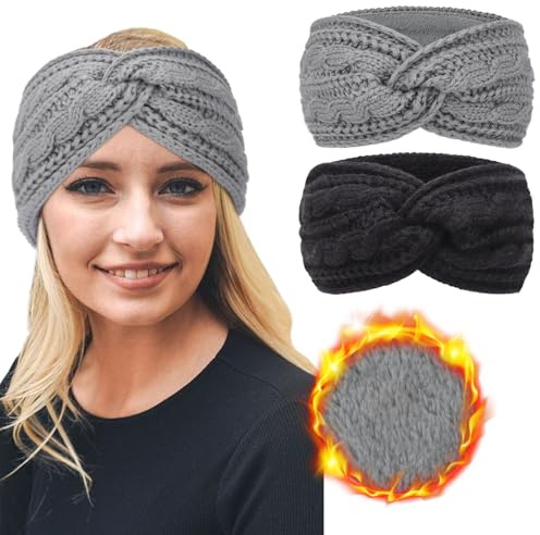DRESHOW Femmes Chaud Tricoté Bandeau Hiver Oreille Plus Chaud Crochet Tête Enveloppe épais Polaire Doublure Cheveux Bandes, Taille unique, 2pcs Set82-05