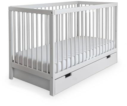 Ehrenkind® Babybett PUR inkl. Schublade 140x70 aus Buchenholz | Hellgrau | Kinderbett 9-Fach höhenverstellbar mit entnehmbaren Stangen | Baby Bett