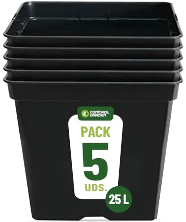 GROWMANIA Pack 5 Macetas Cuadradas para Plantas Negra 25L - Cinco Maceteros de Plástico para Flores 33x33x35 cm