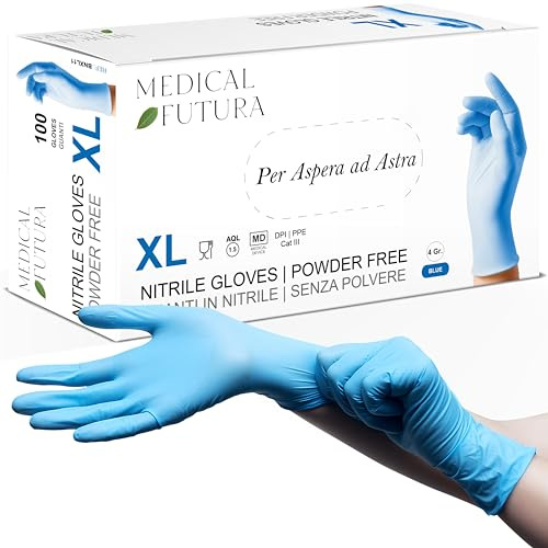 MEDICAL FUTURA - 100 Nitrilhandschuhe XL Blau Einweghandschuhe Anallergisch 4.5g, Puderfrei, Latexfrei, Für Kosmetiker, Tätowierer, Werkstätten, Lebensmittelverarbeitung (XL, Blau)